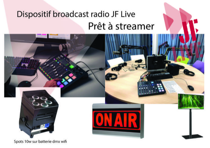 Le dispositif radio JF Live prêt à streamer : console, micros, casques, On Air